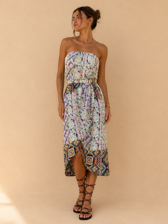 charlie jade Dresses & Skirts - Charlie Jade Mosaic Print 100% Silk Strapless Side Tie Dress, SZ S NWT